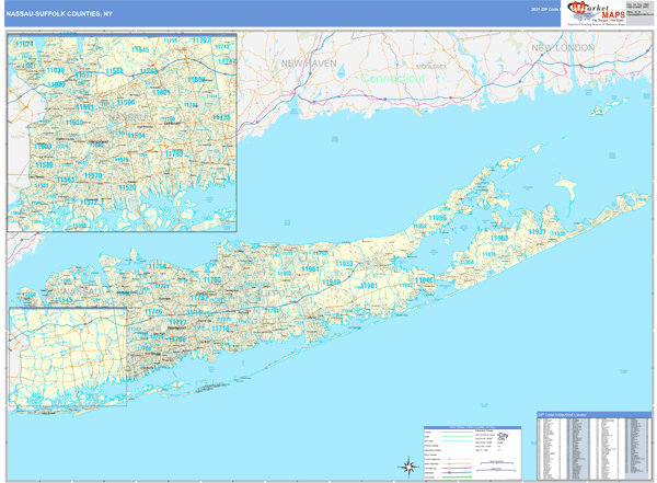 Nassau Suffolk County Ny Zip Code Wall Map Basic Style By Marketmaps 7689