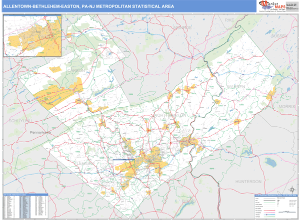 Allentown Bethlehem Easton Pa Metro Area Zip Code Wall Map Basic Style By Marketmaps 3126