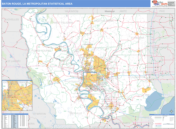 Baton Rouge, LA Metro Area Wall Map Basic Style by MarketMAPS