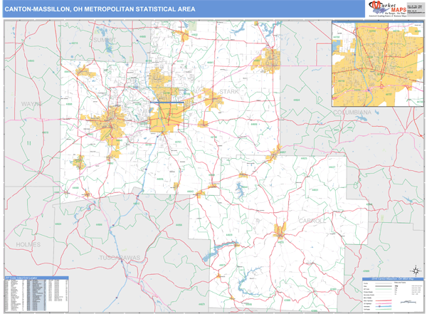 Canton-Massillon, OH Metro Area Zip Code Wall Map Basic Style by MarketMAPS