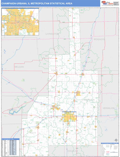 Champaign-Urbana, IL Metro Area Zip Code Wall Map Basic Style by MarketMAPS