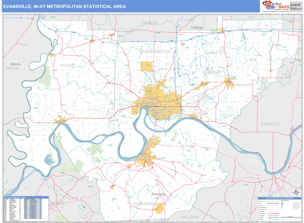 Evansville, IN Metro Area Wall Map Basic Style by MarketMAPS