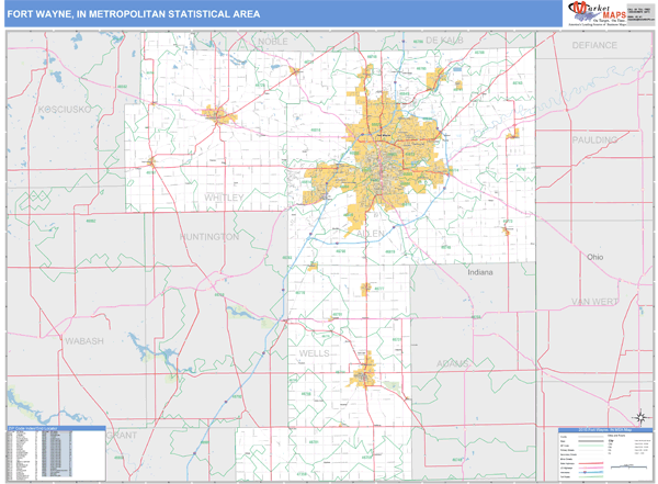 Fort Wayne, IN Metro Area Zip Code Wall Map Basic Style by MarketMAPS