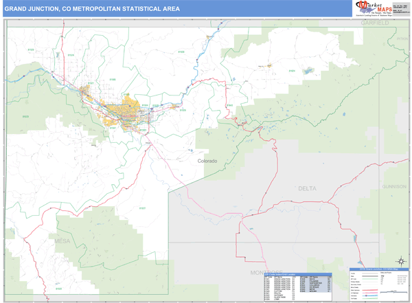 Grand Junction, CO Metro Area Wall Map Basic Style by MarketMAPS