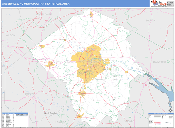 Greenville, NC Metro Area Zip Code Wall Map Basic Style by MarketMAPS