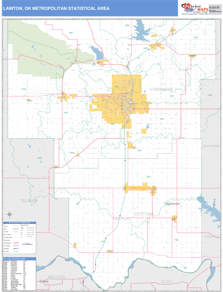 Lawton, OK Metro Area Zip Code Wall Map Basic Style by MarketMAPS