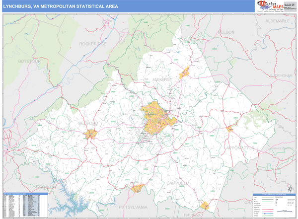 Lynchburg, VA Metro Area Wall Map Basic Style by MarketMAPS