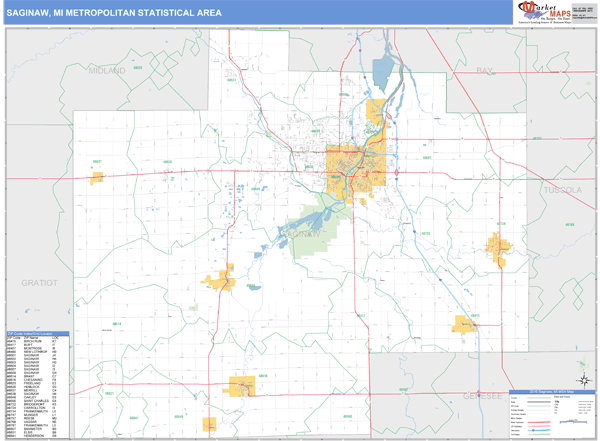 Saginaw, MI Metro Area Zip Code Wall Map Basic Style by MarketMAPS