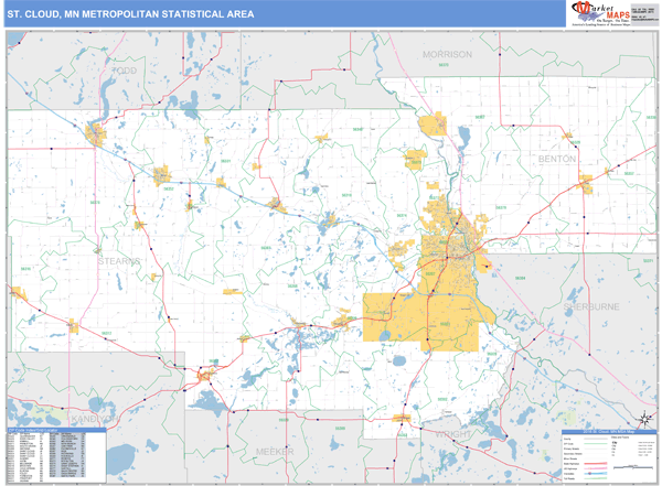 St. Cloud, MN Metro Area Zip Code Wall Map Basic Style By MarketMAPS