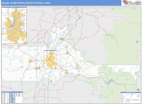 Salem, OR Metro Area Zip Code Wall Map Basic Style by MarketMAPS