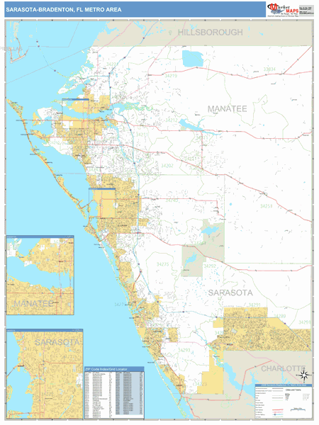 Sarasota-Bradenton, FL Metro Area Zip Code Wall Map Basic Style by ...