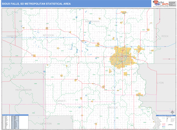 Sioux Falls SD Metro Area Zip Code Wall Map Basic Style By MarketMAPS   7760 