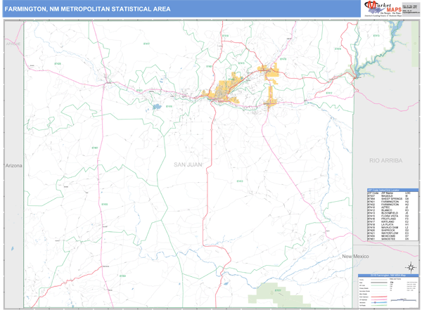 farmington-nm-metro-area-zip-code-wall-map-basic-style-by-marketmaps