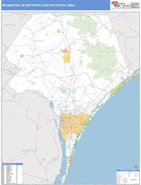 Wilmington, NC Metro Area Zip Code Wall Map Basic Style by MarketMAPS