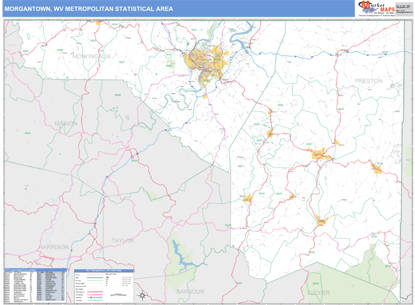 Morgantown, WV Metro Area Zip Code Wall Map Basic Style by MarketMAPS