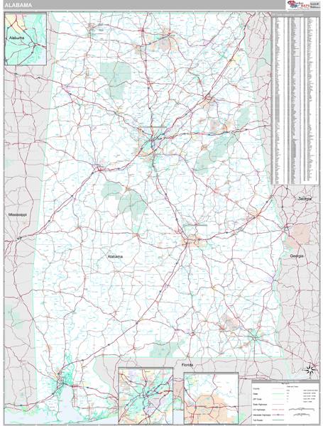 Alabama Zip Code Wall Map Premium Style by MarketMAPS