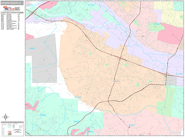 Hacienda Heights California Zip Code Wall Map (Premium Style) by MarketMAPS