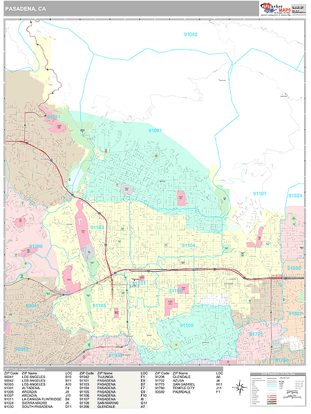 Pasadena California Zip Code Wall Map (Premium Style) by MarketMAPS