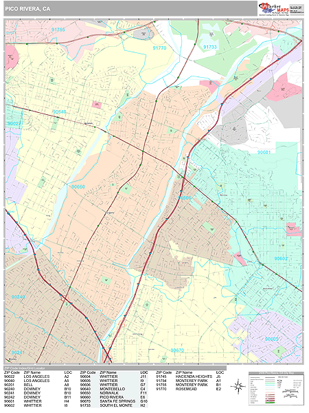 Pico Rivera California Zip Code Wall Map (Premium Style) by MarketMAPS