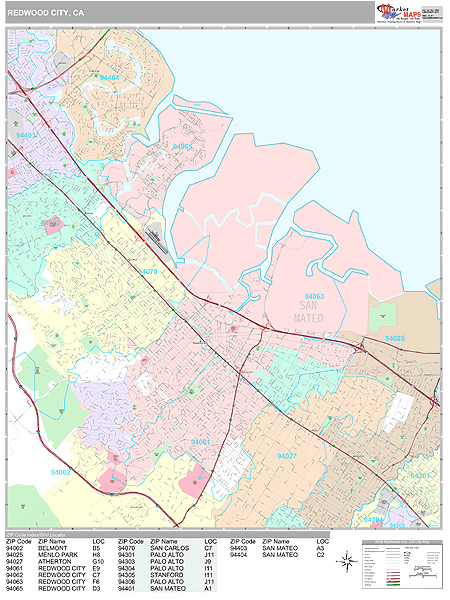 Redwood City California Wall Map (Premium Style) by MarketMAPS