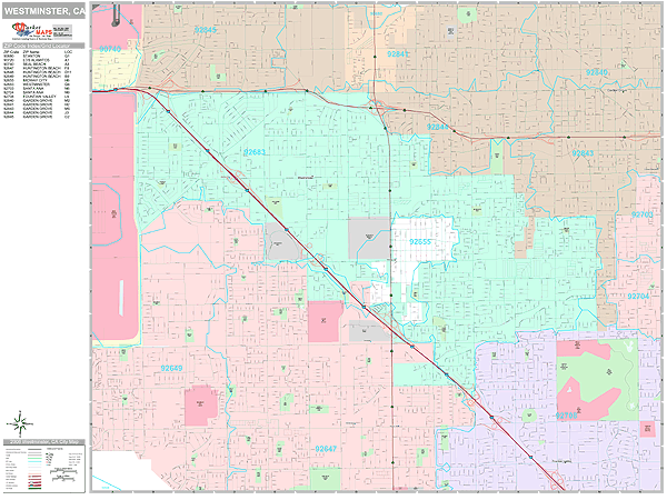 Westminster California Zip Code Wall Map (Premium Style) by MarketMAPS