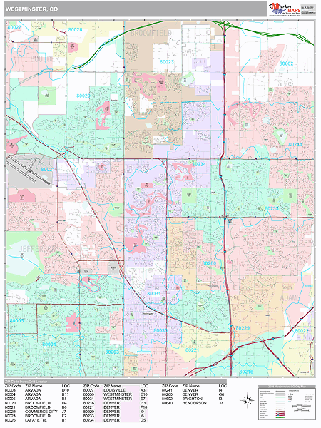 Westminster Colorado Zip Code Wall Map (Premium Style) by MarketMAPS