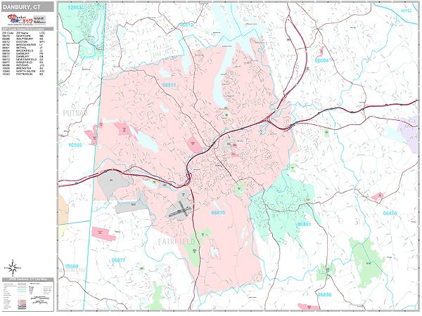 Danbury Connecticut Zip Code Wall Map (Premium Style) by MarketMAPS