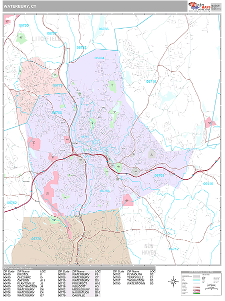 Waterbury Connecticut Wall Map (Premium Style) by MarketMAPS