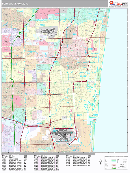 Fort Lauderdale Florida Zip Code Wall Map (Premium Style) by MarketMAPS