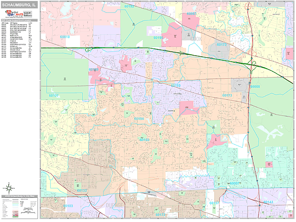 Schaumburg Illinois Zip Code Wall Map (Premium Style) by MarketMAPS