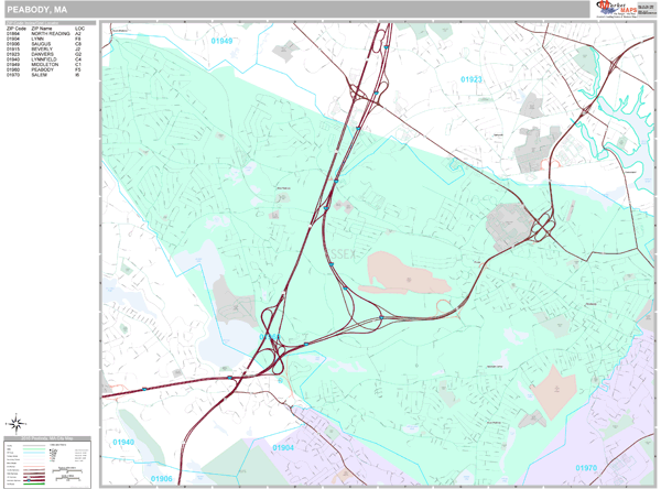 Peabody Massachusetts Wall Map (Premium Style) by MarketMAPS