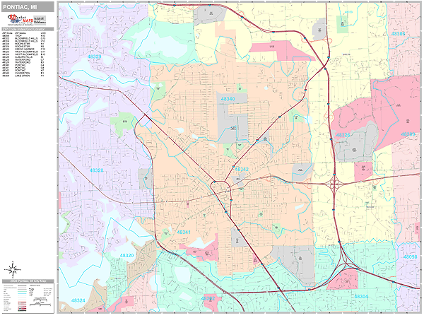 Pontiac Michigan Wall Map (Premium Style) by MarketMAPS