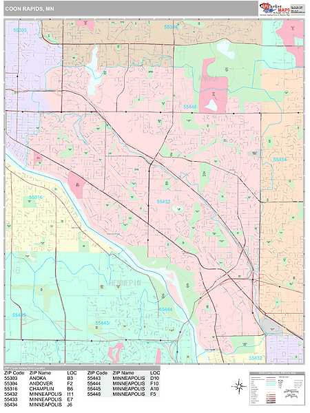 Coon Rapids Minnesota Zip Code Wall Map (Premium Style) by MarketMAPS