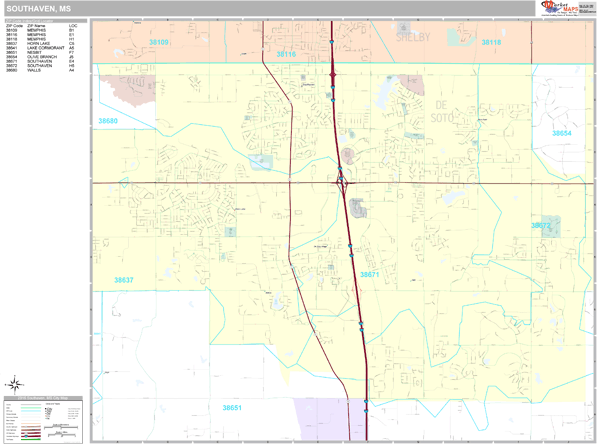 Southaven Mississippi Wall Map (Premium Style) by MarketMAPS