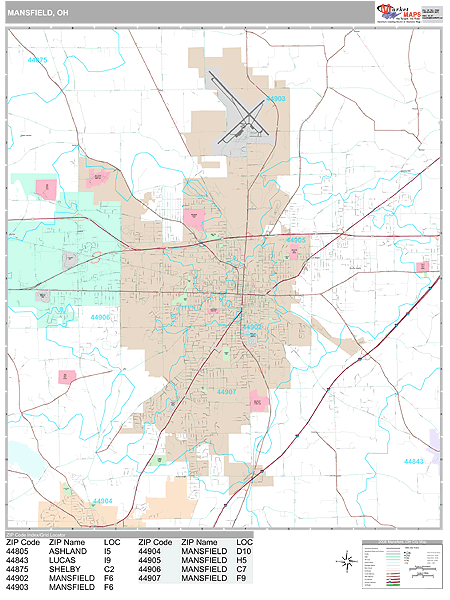 Mansfield Ohio Zip Code Wall Map (Premium Style) by MarketMAPS