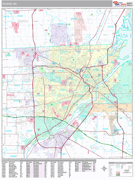 Toledo Ohio Zip Code Wall Map (Premium Style) by MarketMAPS