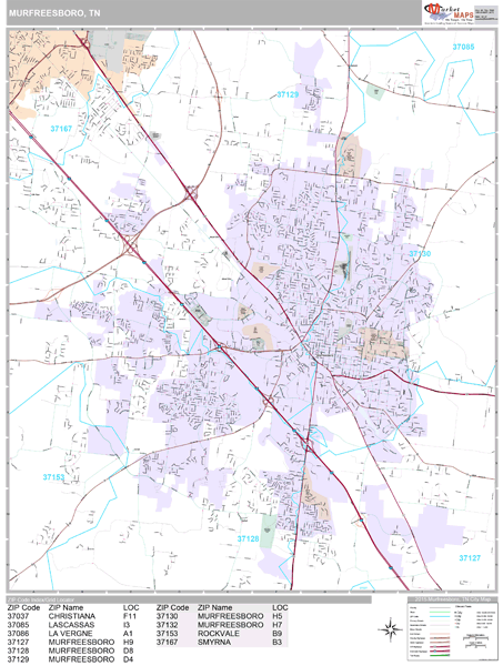 Murfreesboro Tennessee Wall Map (Premium Style) by MarketMAPS
