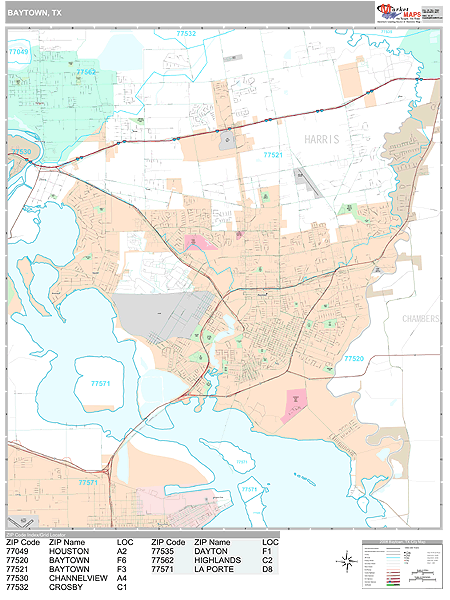 Baytown Texas Wall Map (Premium Style) by MarketMAPS