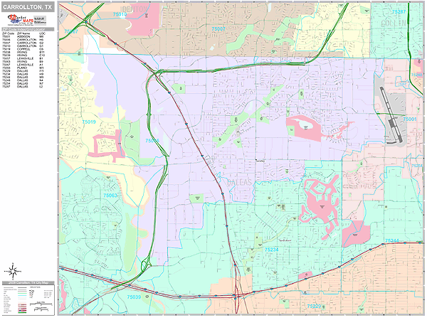 Carrollton Texas Zip Code Wall Map (Premium Style) by MarketMAPS