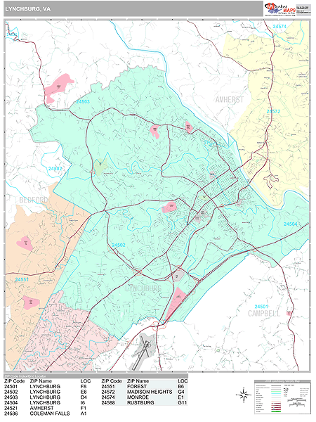 Lynchburg Virginia Wall Map (Premium Style) by MarketMAPS