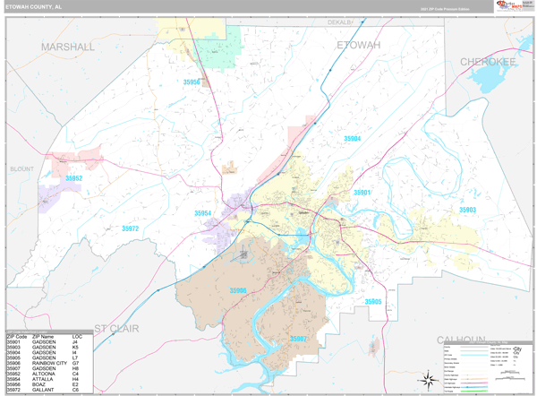 Etowah County, AL Zip Code Wall Map Premium Style by MarketMAPS