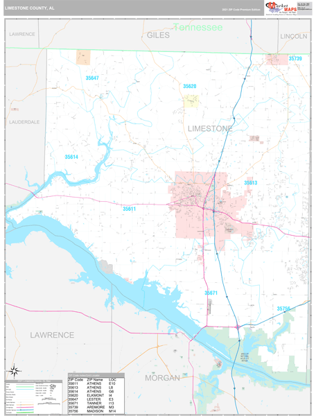 Limestone County, AL Zip Code Wall Map Premium Style by MarketMAPS