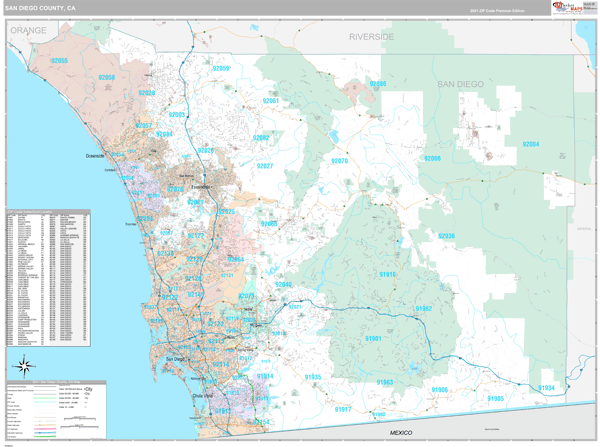 San Diego County, CA Wall Map Premium Style by MarketMAPS