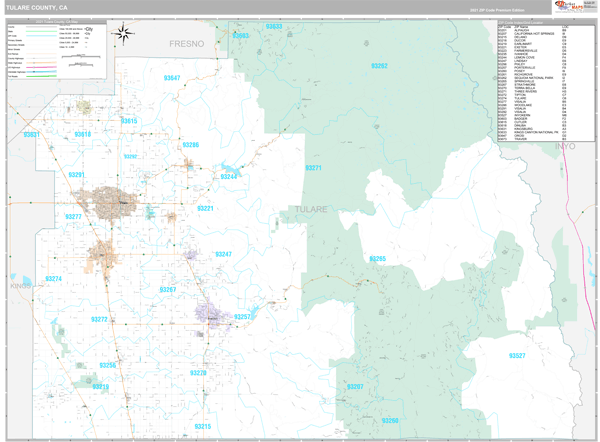 Tulare County, CA Zip Code Wall Map Premium Style by MarketMAPS