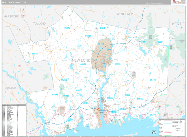 New London County, CT Wall Map Premium Style by MarketMAPS