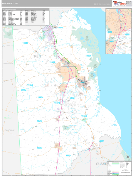 Kent County, DE Zip Code Wall Map Premium Style by MarketMAPS