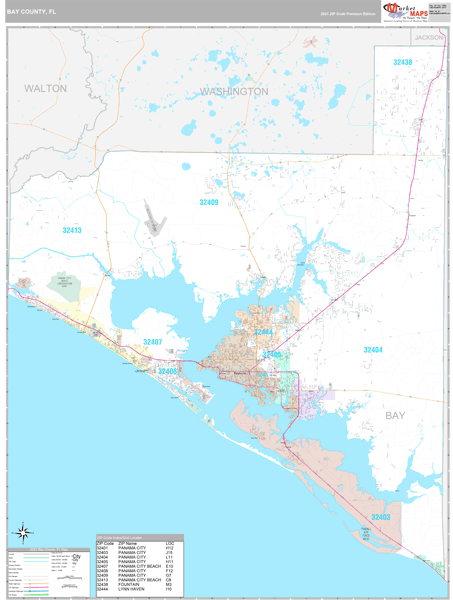 Bay County, FL Zip Code Wall Map Premium Style by MarketMAPS