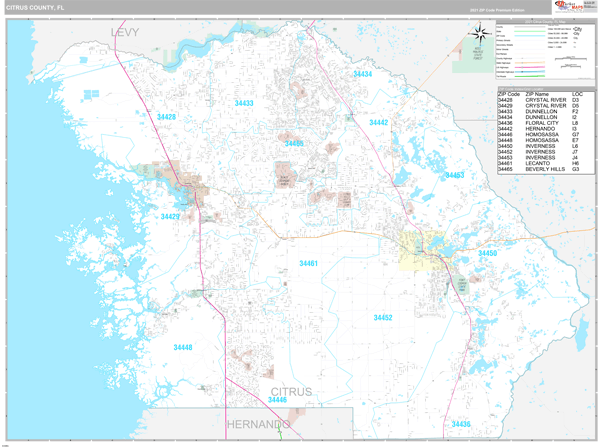 Citrus County, FL Zip Code Wall Map Premium Style by MarketMAPS