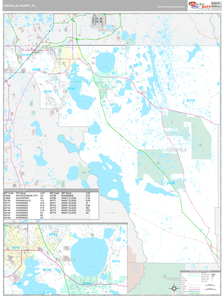 Osceola County, FL Zip Code Wall Map Premium Style by MarketMAPS