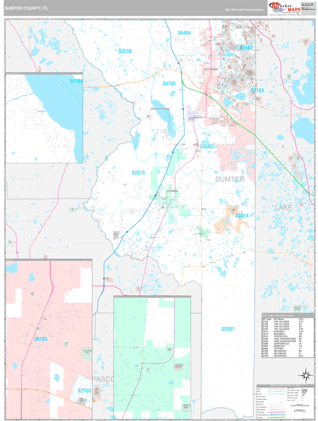 Sumter County, FL Zip Code Wall Map Premium Style by MarketMAPS